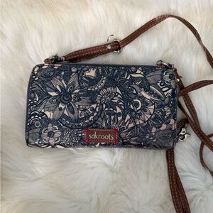 Sakroots Navy Floral Crossbody Wallet with Brown Strap